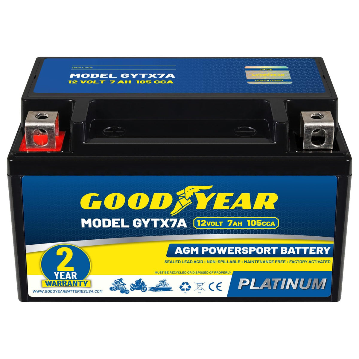 Goodyear GYTX7A front view showing compact sealed battery and ready-to-install benefit