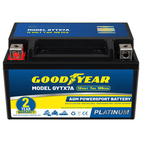 Goodyear GYTX7A front view showing compact sealed battery and ready-to-install benefit