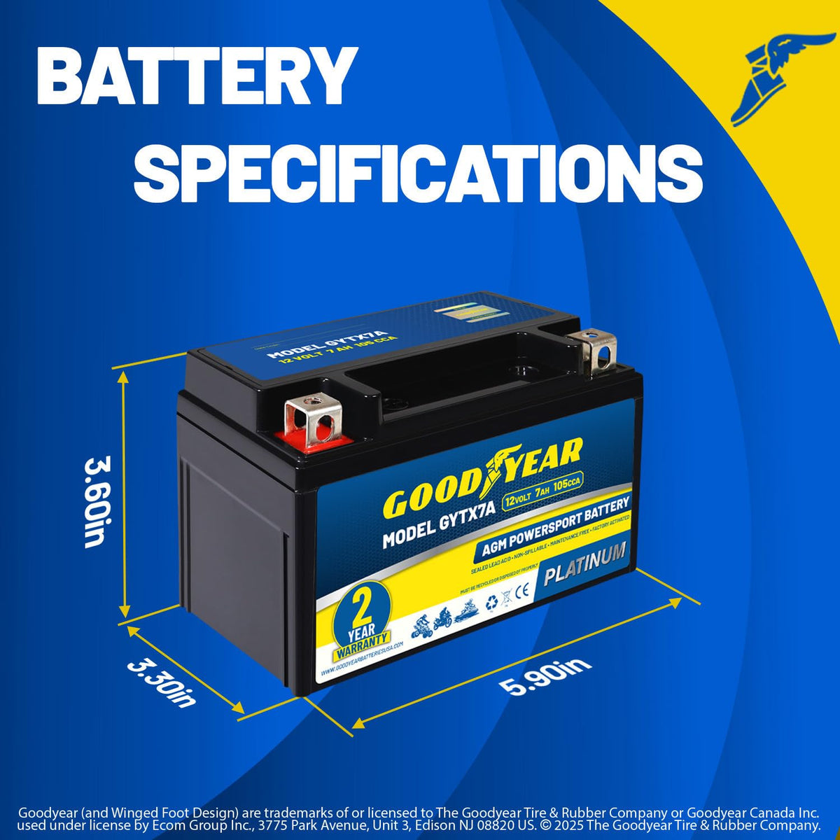 Goodyear GYTX7A terminal detail with polarity markings for correct installation benefit