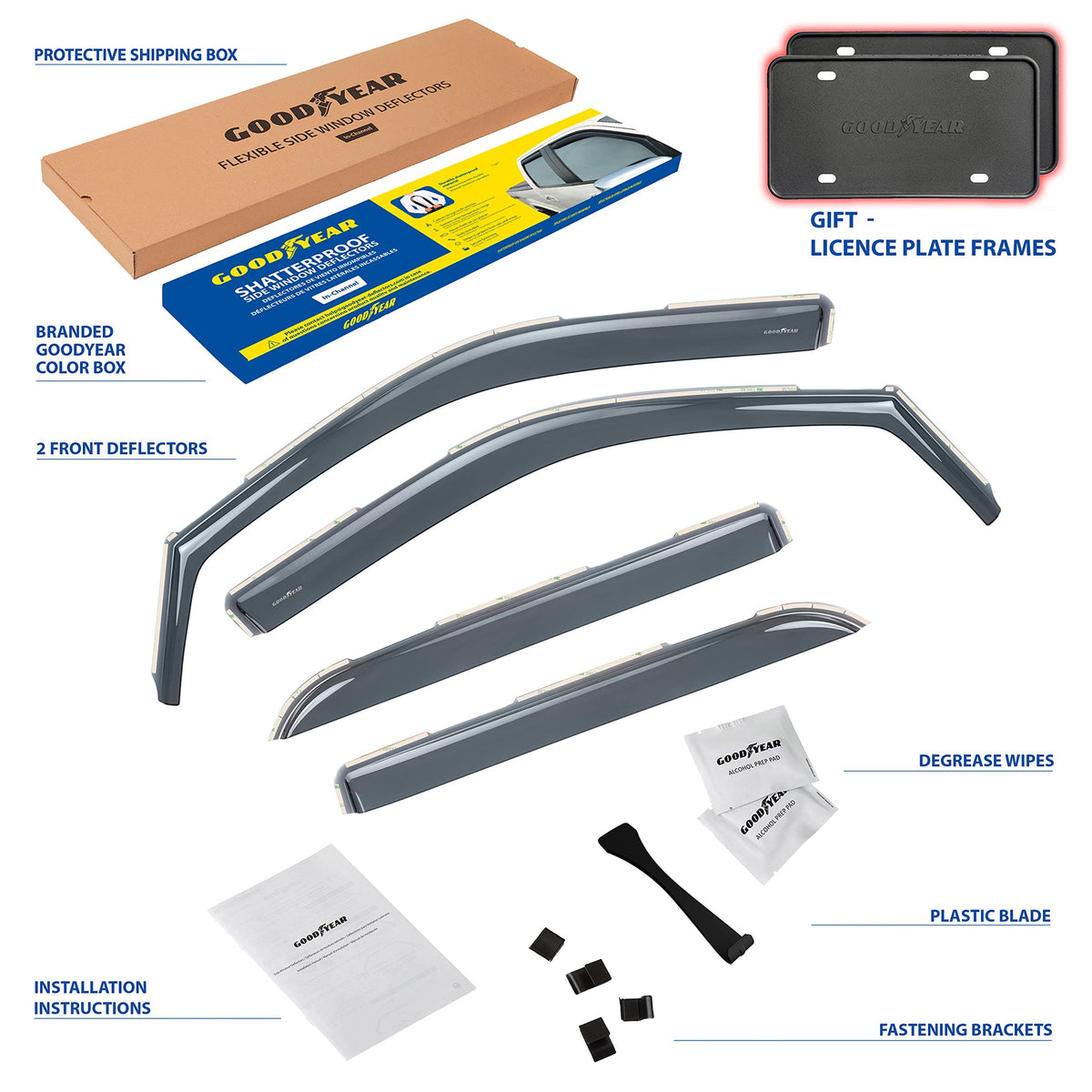Goodyear installation kit and license plates showing included tools and extras