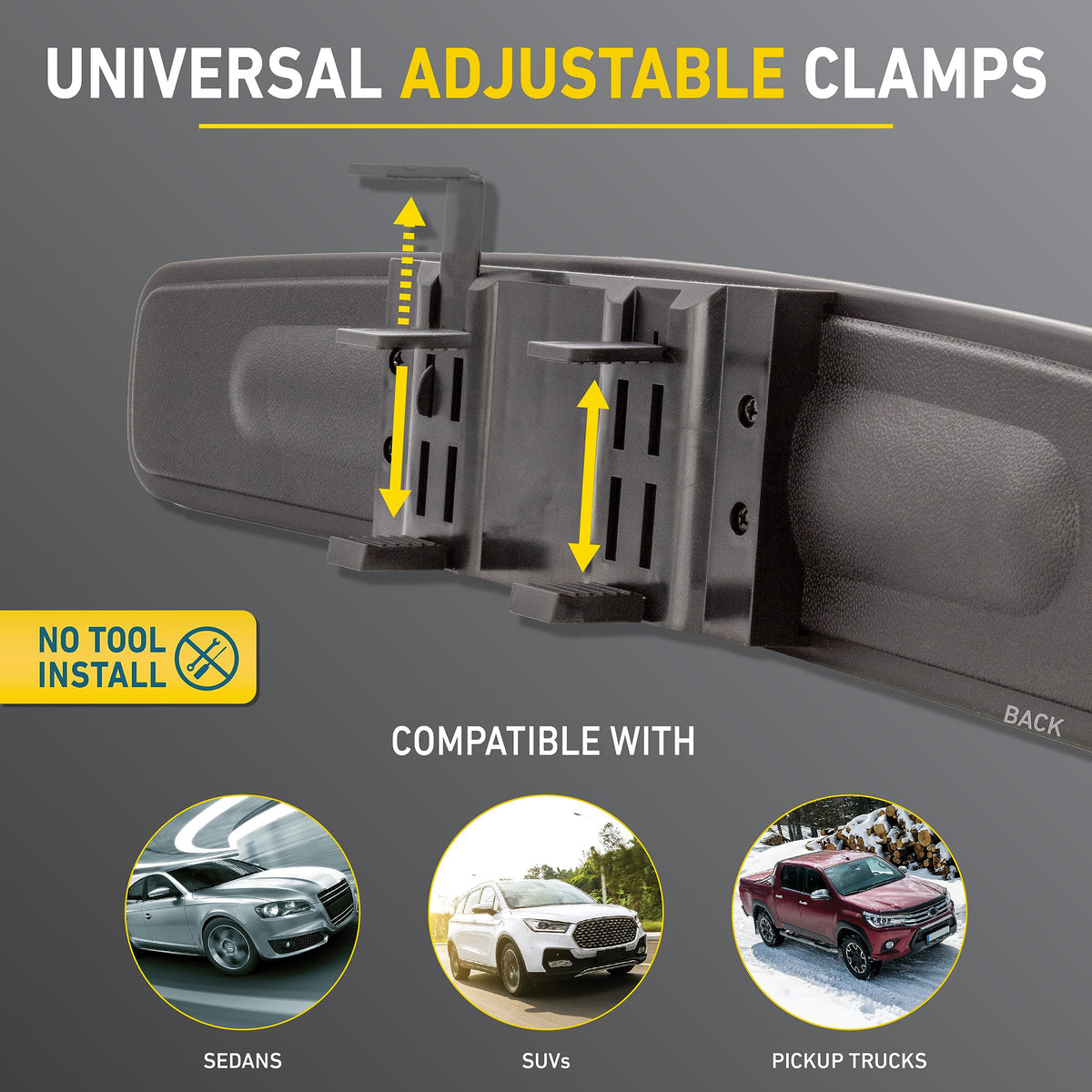 Goodyear mirror installed in a compact car providing broader rear view and safer lane changes