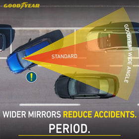 Goodyear mirror fitted in a truck cab showing extended visibility for towing and highway driving