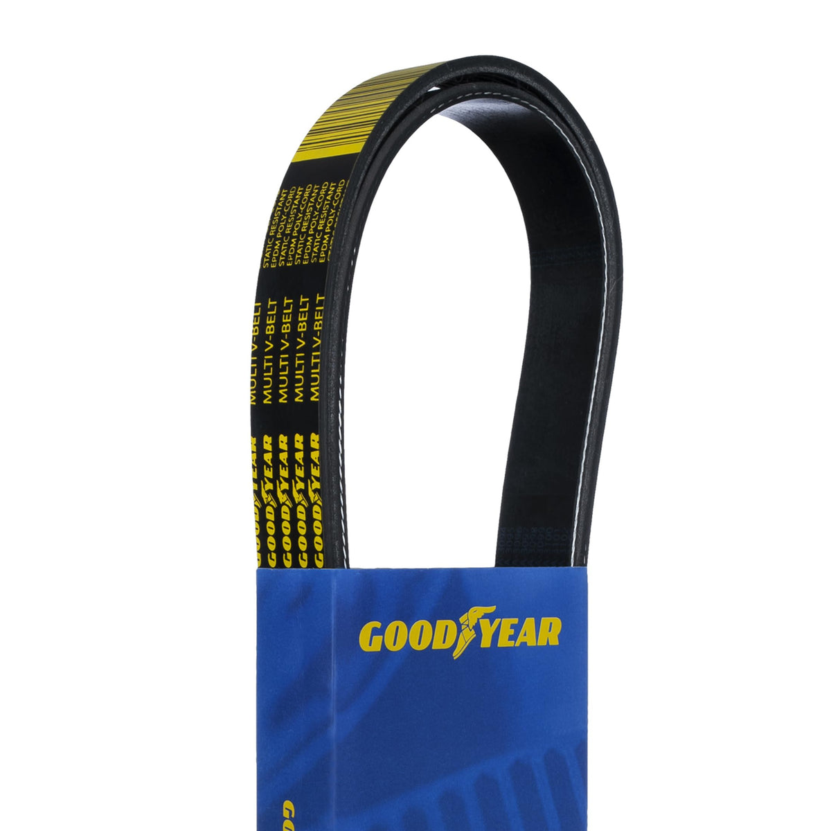 Goodyear serpentine belt front packaging showing part number and fitment benefits