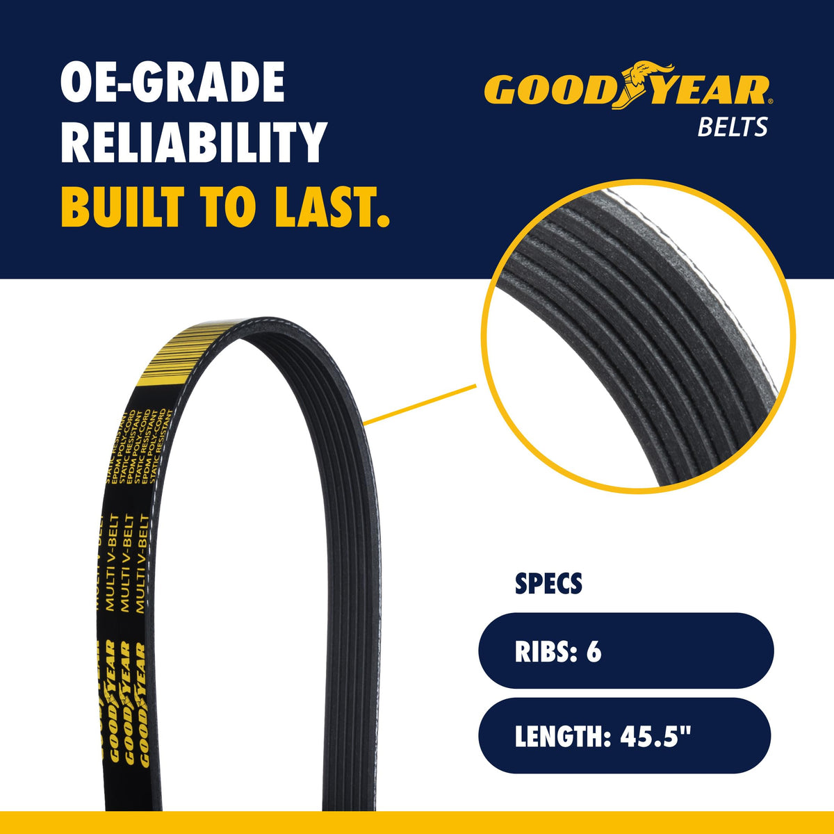 Goodyear belt rib profile close-up showing 6-rib design for improved grip