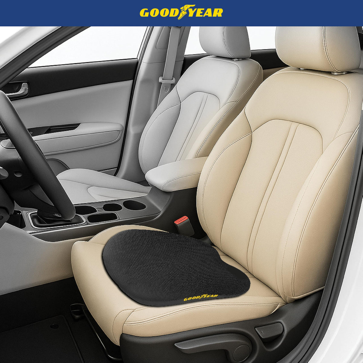 Goodyear side profile showing ergonomic contour for tailbone relief