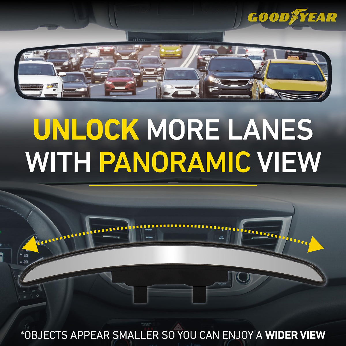 Goodyear mirror held by hand to show 17-inch scale for easy size reference