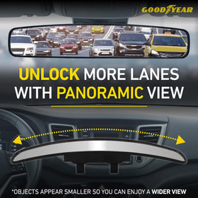 Goodyear mirror held by hand to show 17-inch scale for easy size reference