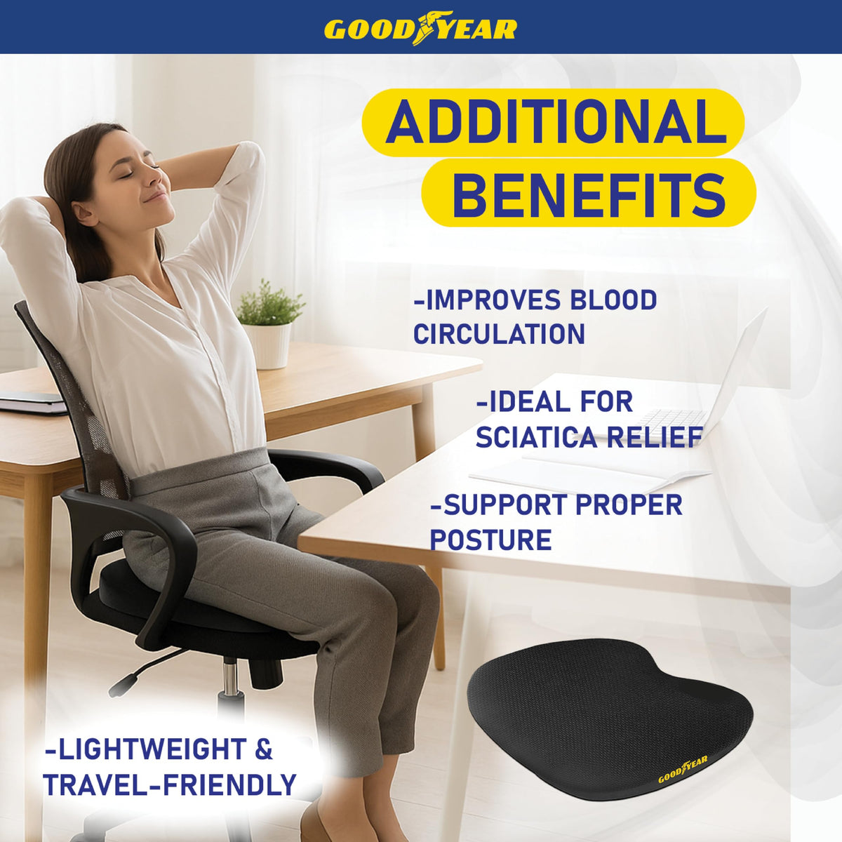 Goodyear cushion next to a hand for scale showing slim fit