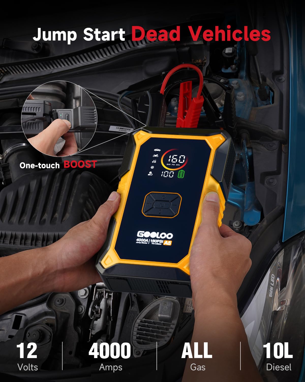 GOOLOO A5 smart jumper cable and clamps with safety features for secure jump-starts