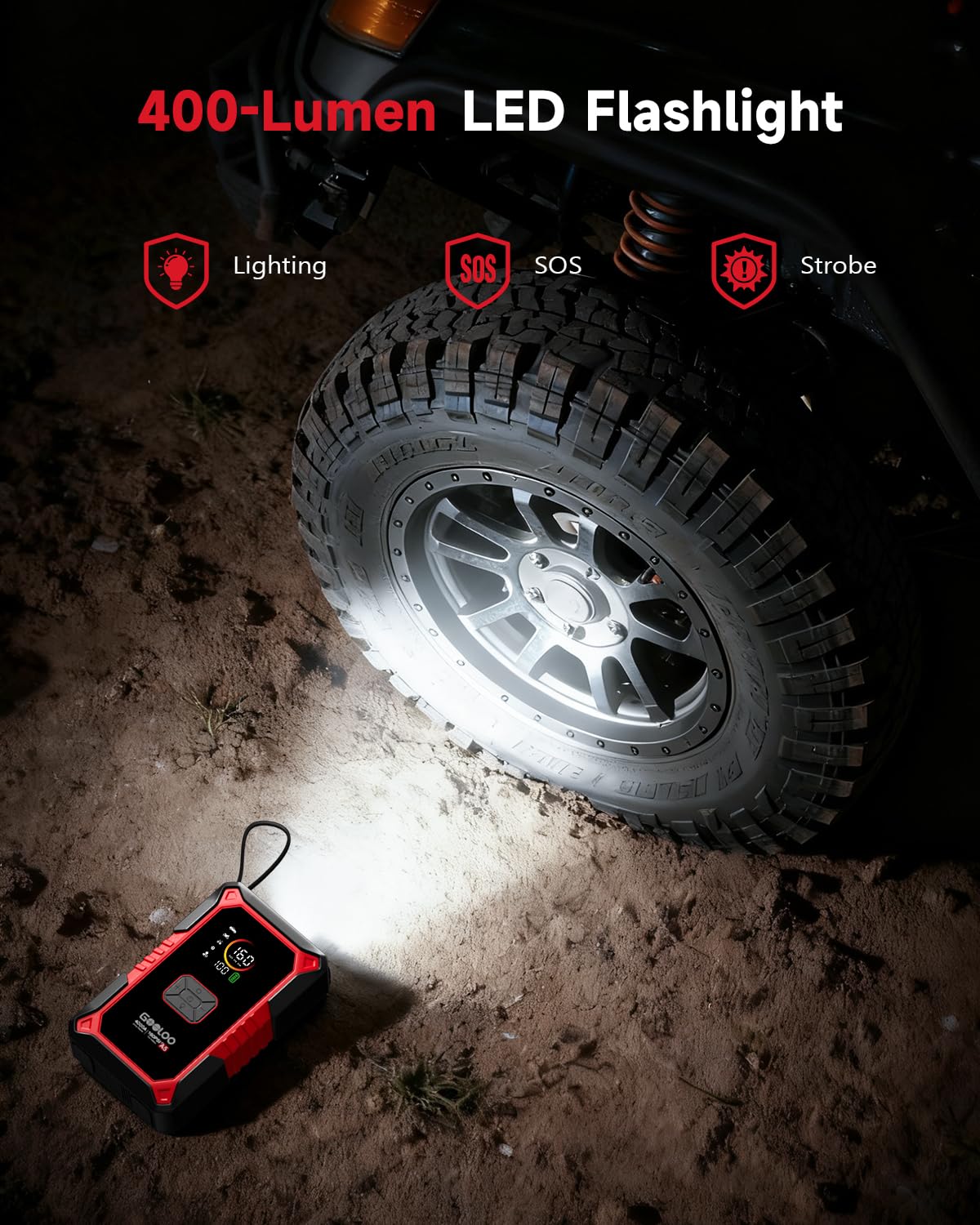 GOOLOO integrated 45W USB‑C cable powering a phone for convenient roadside charging