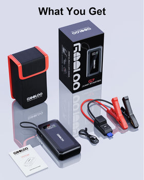 GOOLOO G7 packaging and accessories laid out to show included items and warranty