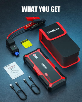 GOOLOO GP3000 kit laid out with cables, clamps, and bag showing complete emergency readiness