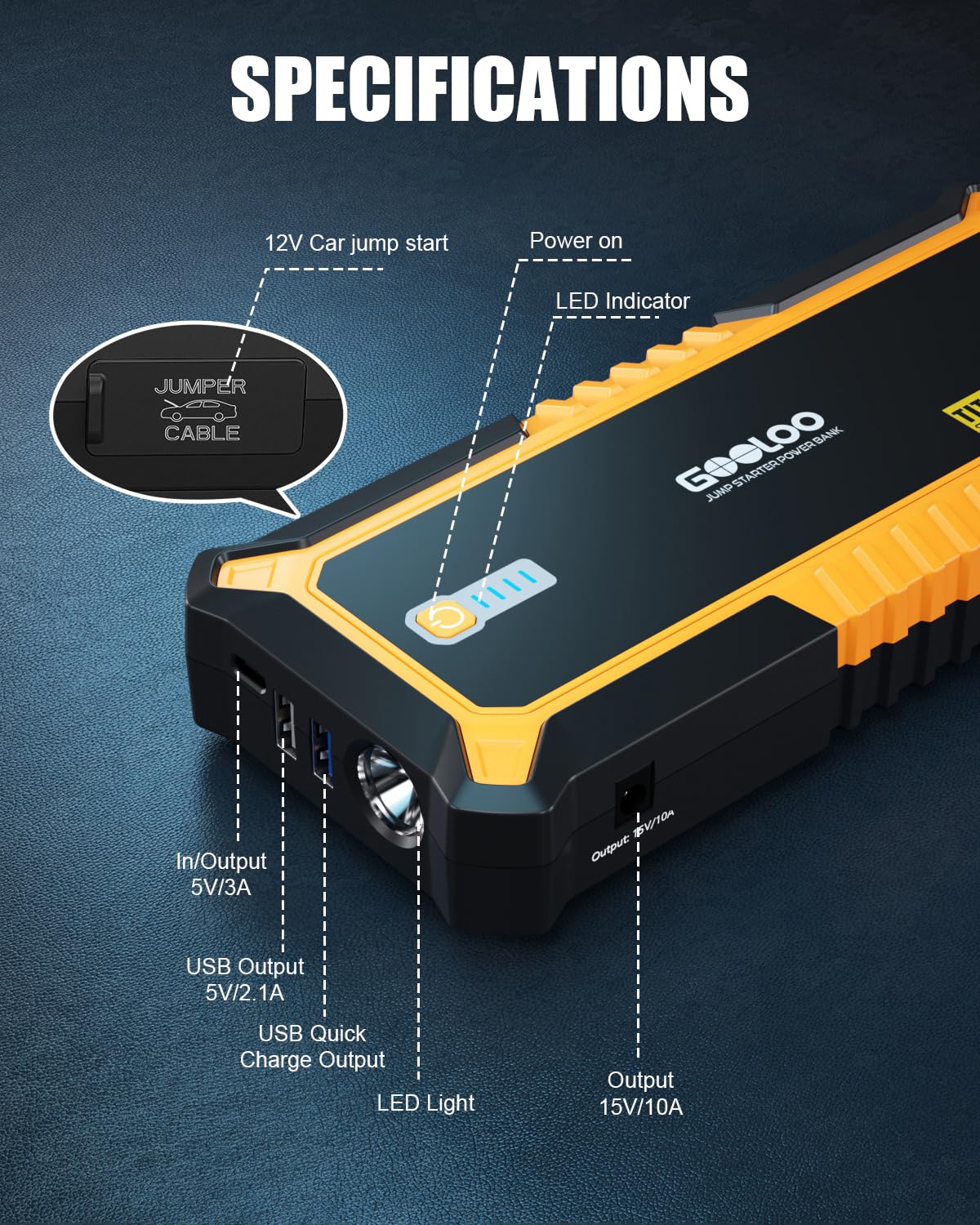 GOOLOO GP3000 with storage case and cables showing organized transport and readiness