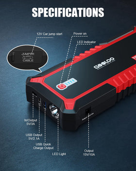 GOOLOO GP3000 connected to car battery during jump-start showing quick restart benefit