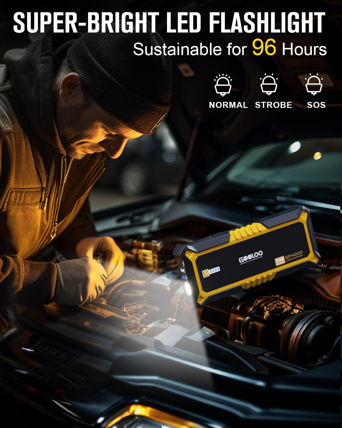 GOOLOO built-in flashlight illuminating engine bay providing safer nighttime use