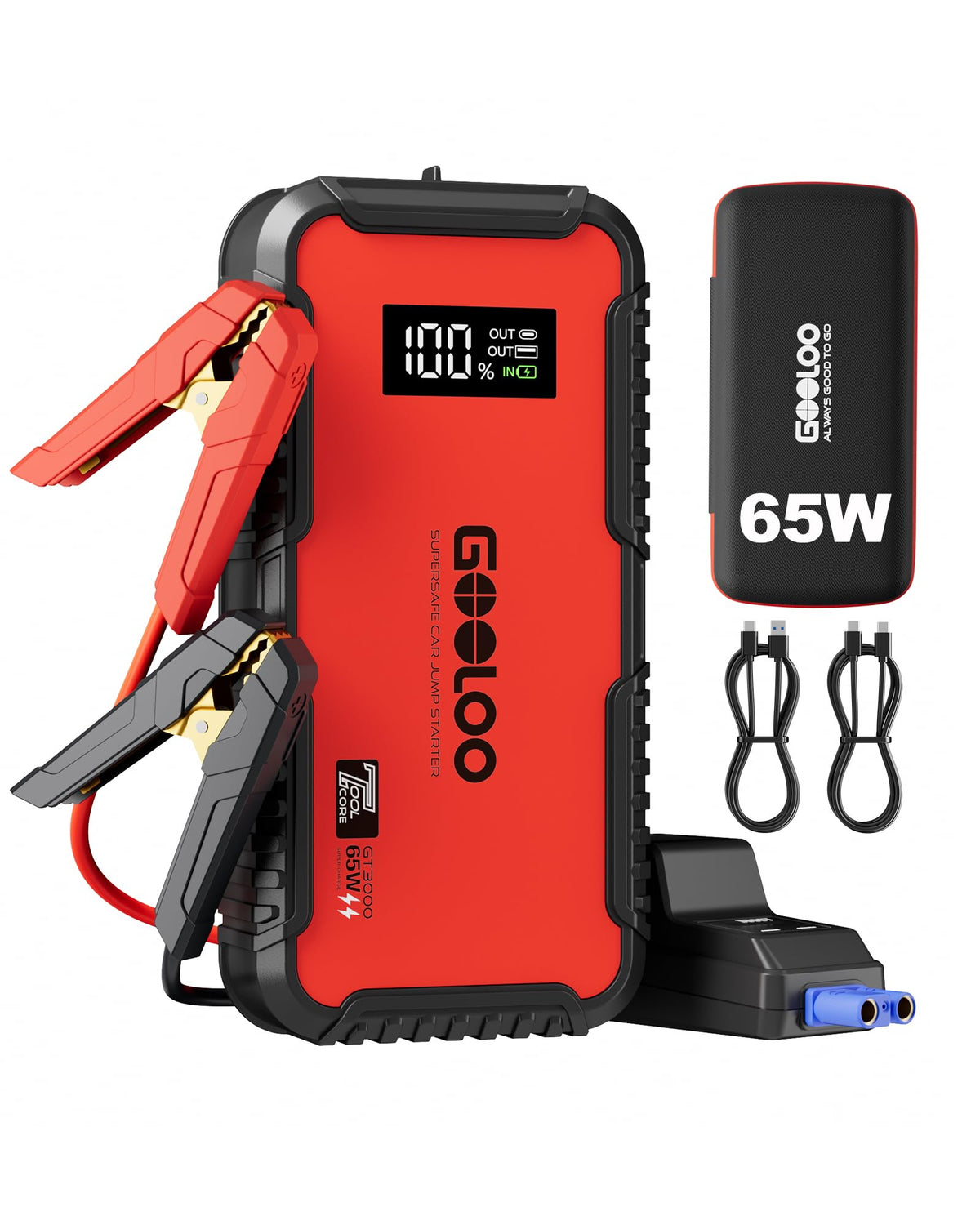 GOOLOO GT3000 front view showing compact starter and screen, ready for emergencies
