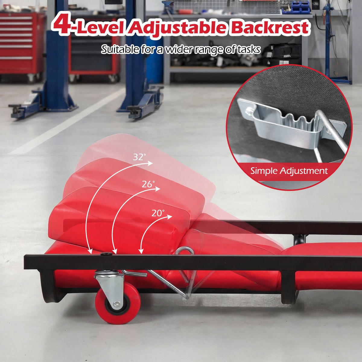 Goplus creeper demonstrating backrest adjustment and latch, provides versatile support