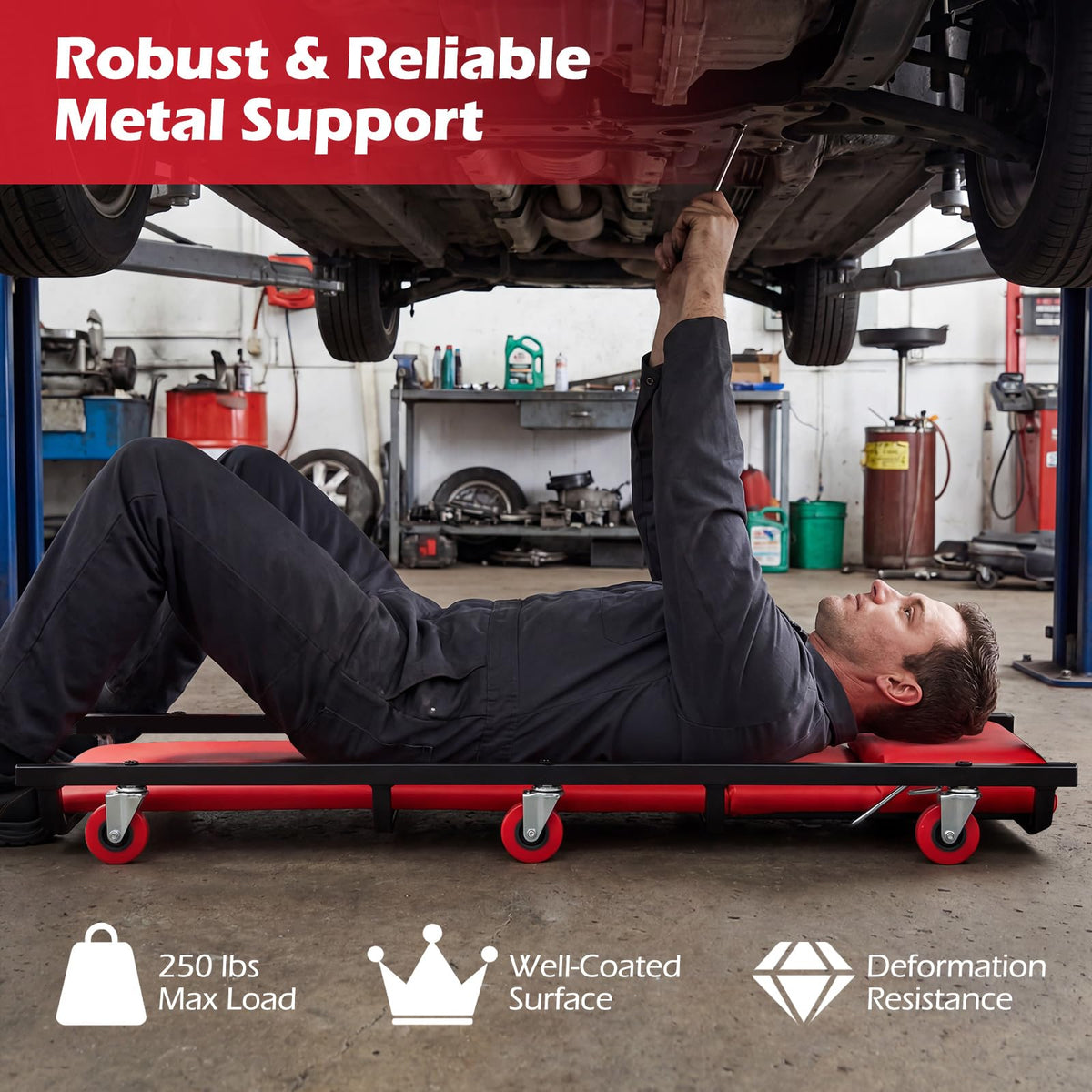 Goplus creeper in use under car with technician, boosts workshop efficiency