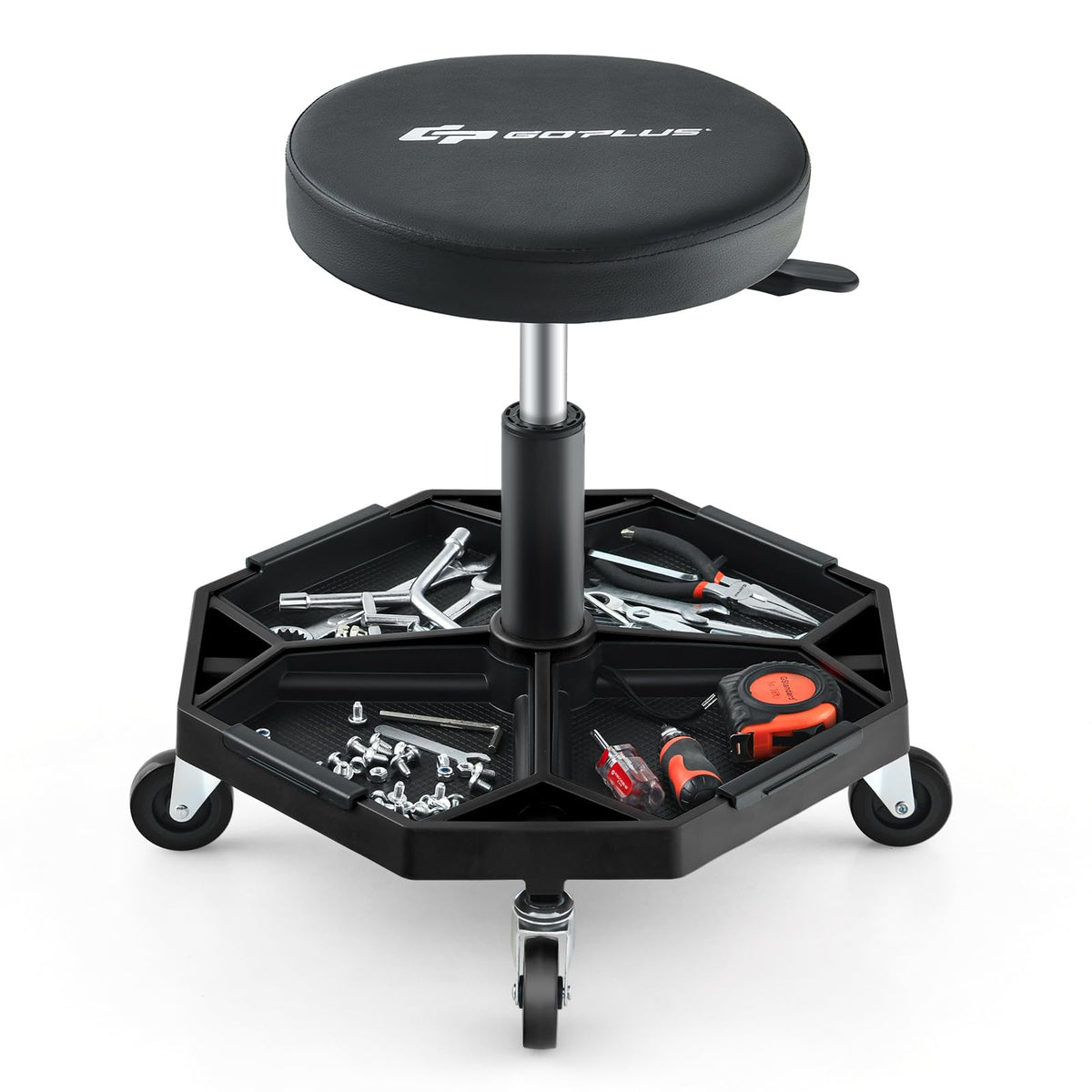 Goplus front view of rolling mechanic stool showing overall design and mobility