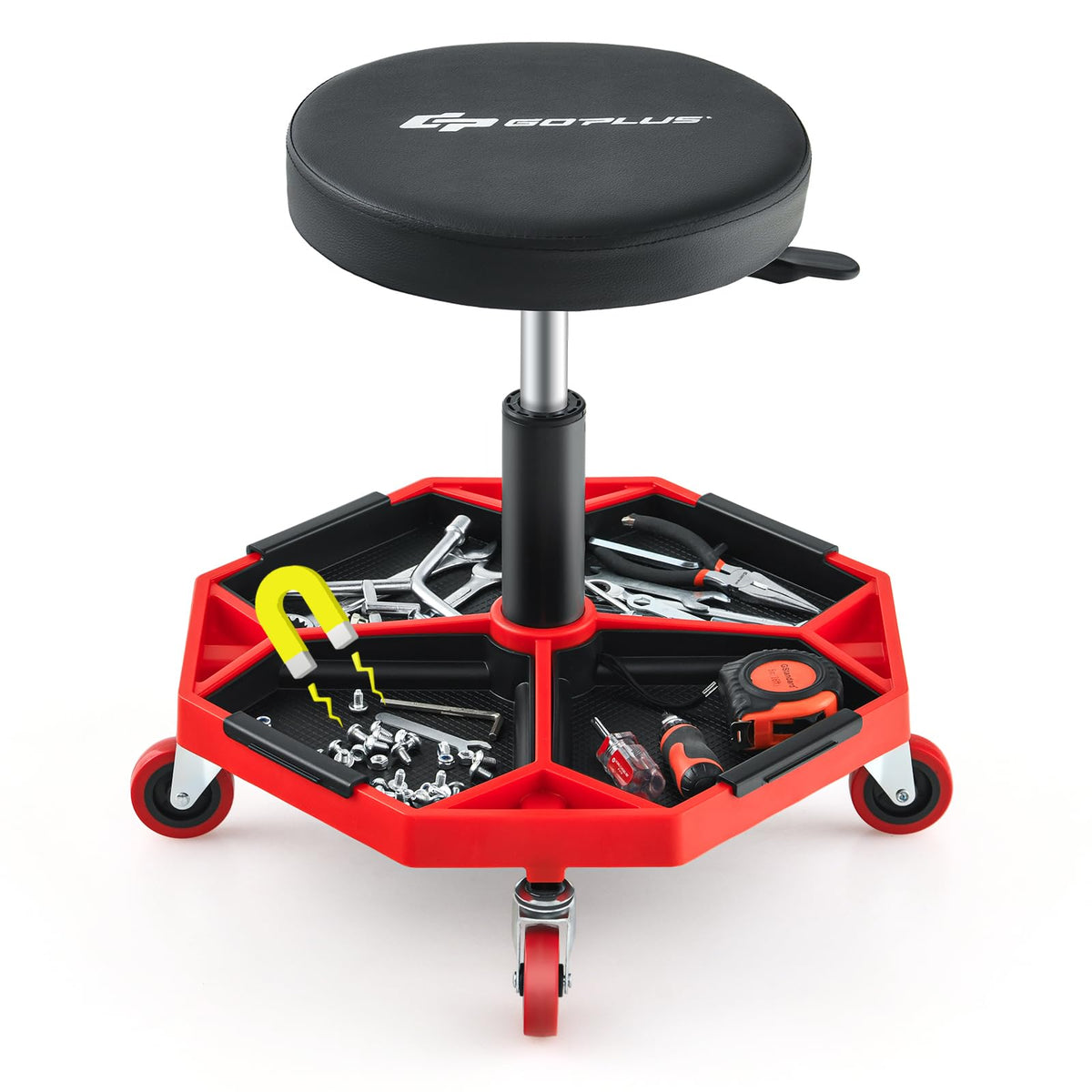 Goplus front view of rolling garage stool showing compact design and benefit mobility