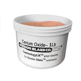 Gordon Glass cerium oxide 1 lb next to measuring cup illustrating quantity and scale
