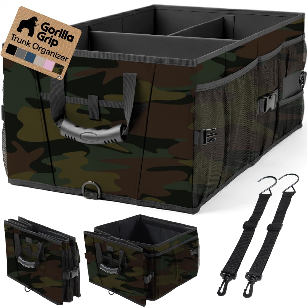 GORILLA GRIP front view camo trunk organizer showing full capacity and neat storage