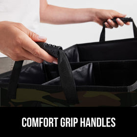 GORILLA GRIP label and buckle detail illustrating durable closures and easy setup