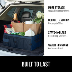 GORILLA GRIP open organizer secured in an SUV trunk providing tidy storage