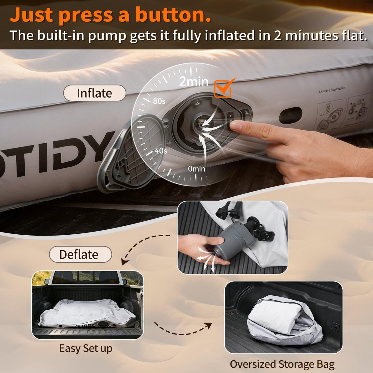 GOTIDY detachable rechargeable pump docked to mattress for quick inflation