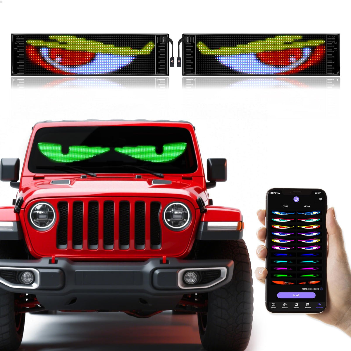 GOTUS front view of dual devil eyes LEDs showing bright colours and impact
