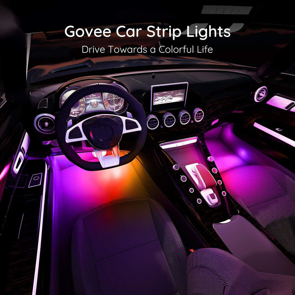 Govee installed in car footwell creating ambient interior lighting