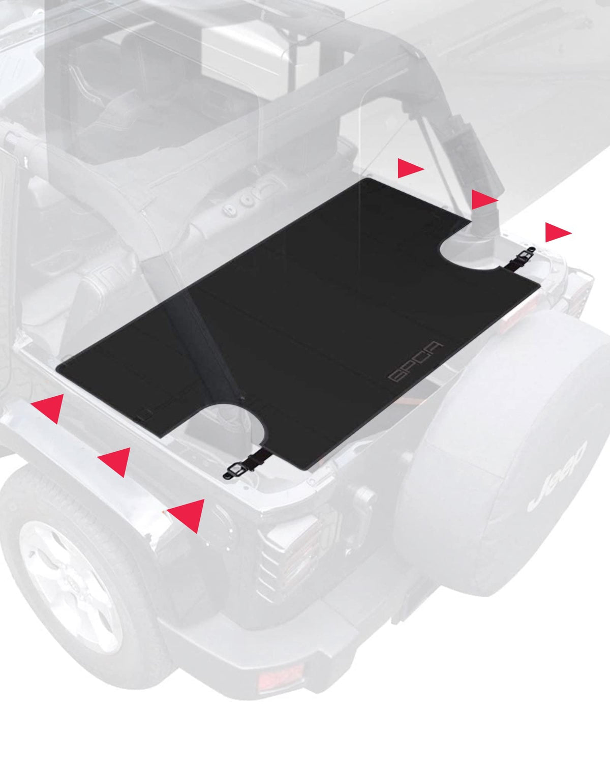 GPCA cargo cover front view fitted on Jeep Wrangler showing neat privacy fit