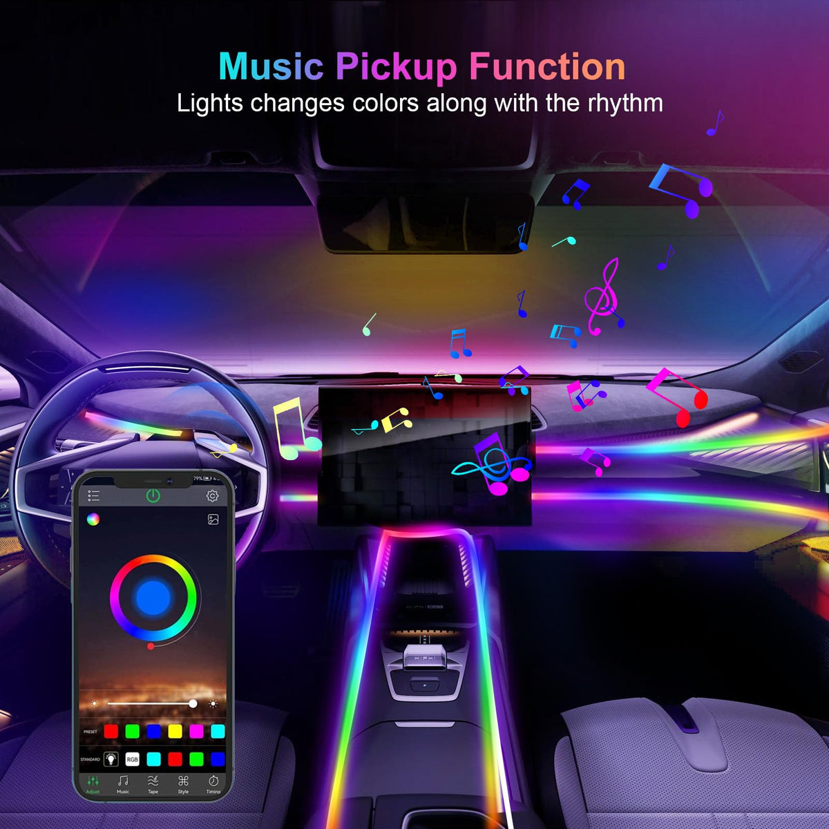 GPJYD remote and phone app display controlling colors and modes