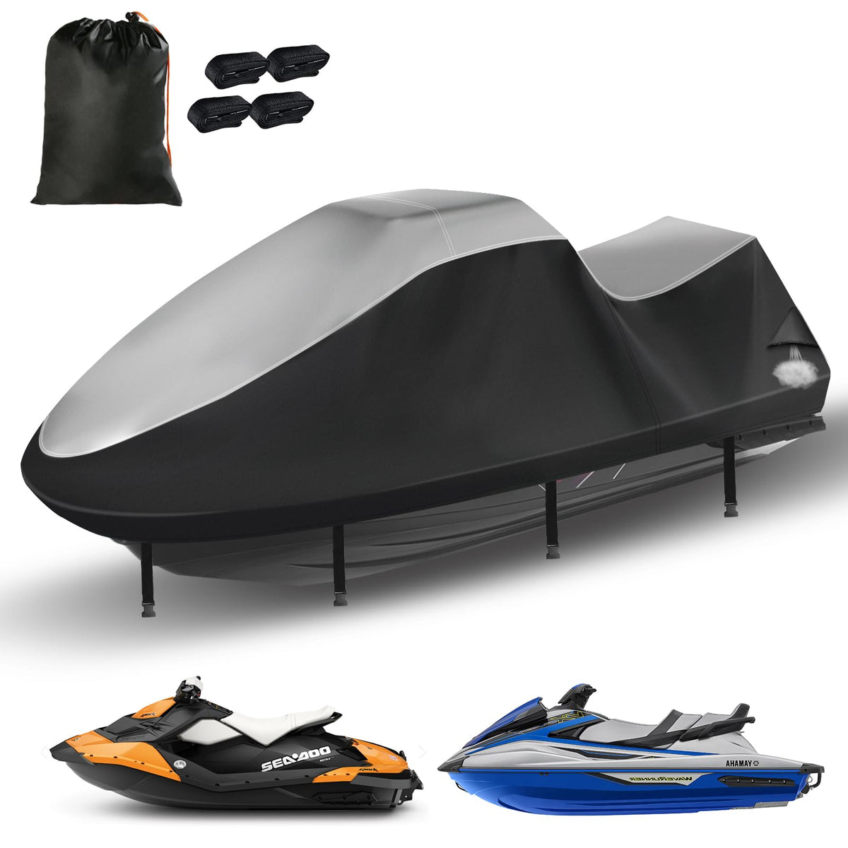 GRABADO front overview of covered jet ski showing full protection and neat fit