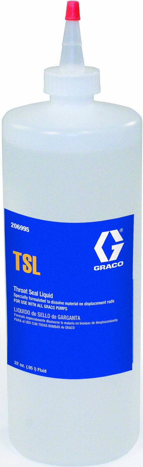 Graco throat seal liquid bottle front view showing label and easy-pour cap for maintenance