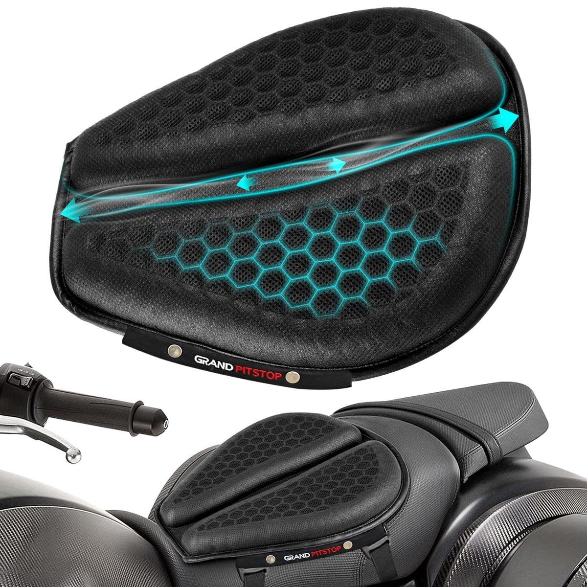 GRAND PITSTOP front packaging view showing large gel seat cushion benefits