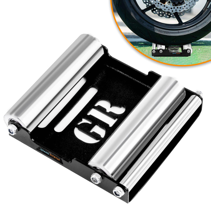 GRAND PITSTOP front view of wheel roller stand showing stable support and portability