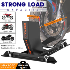 grand pitstop chock installed on trailer keeping motorcycle secure during transit