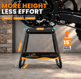 GRAND PITSTOP side profile with dirt bike demonstrating elevated ergonomic working height