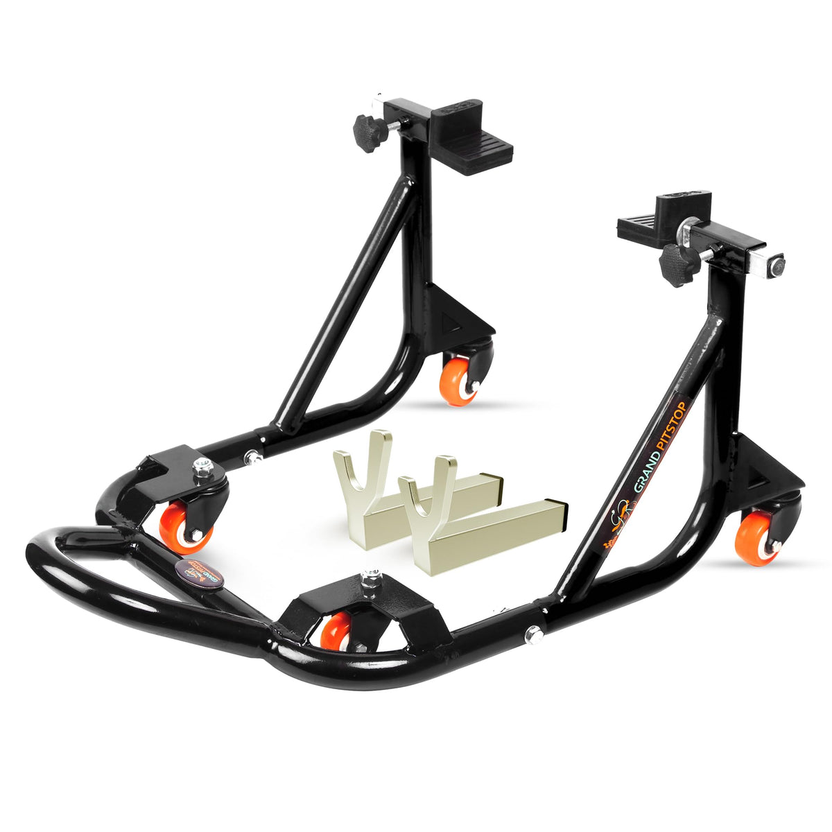 Grand Pitstop front view of rear paddock stand showing stable frame and lift benefit