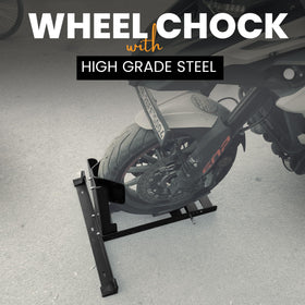 GRAND PITSTOP chock in garage with motorcycle showing tidy storage and convenience
