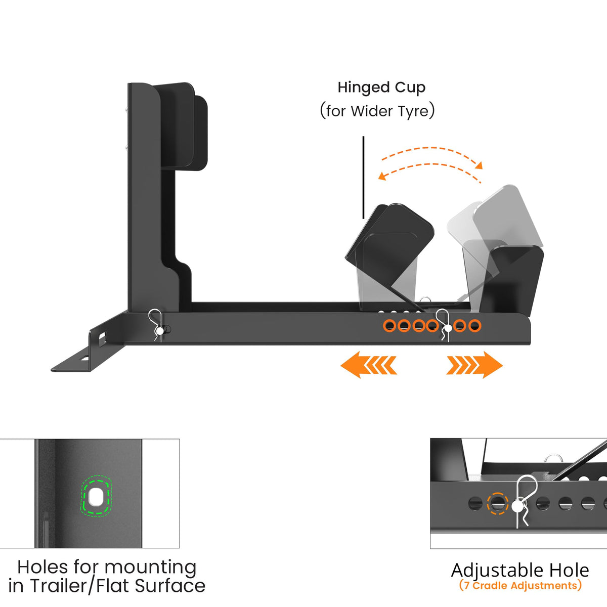 GRAND PITSTOP wheel chock bolted to trailer platform providing safe transit stability