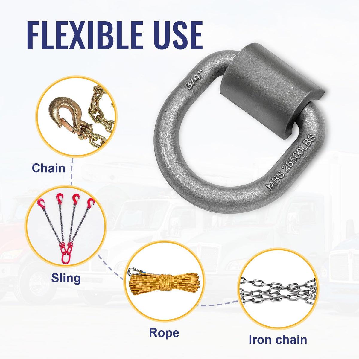 Grandroad auto D-ring in use on trailer securing cargo for safer transport