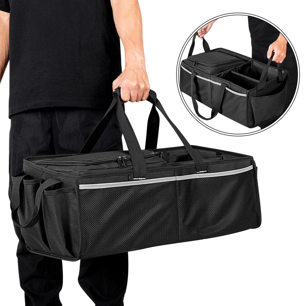 GRAOSO organizer installed in Tesla frunk demonstrating precise fit and space use