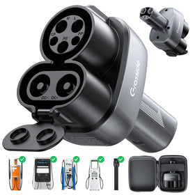 Grasside front view adapter showing NACS and CCS ends and easy attachment benefit
