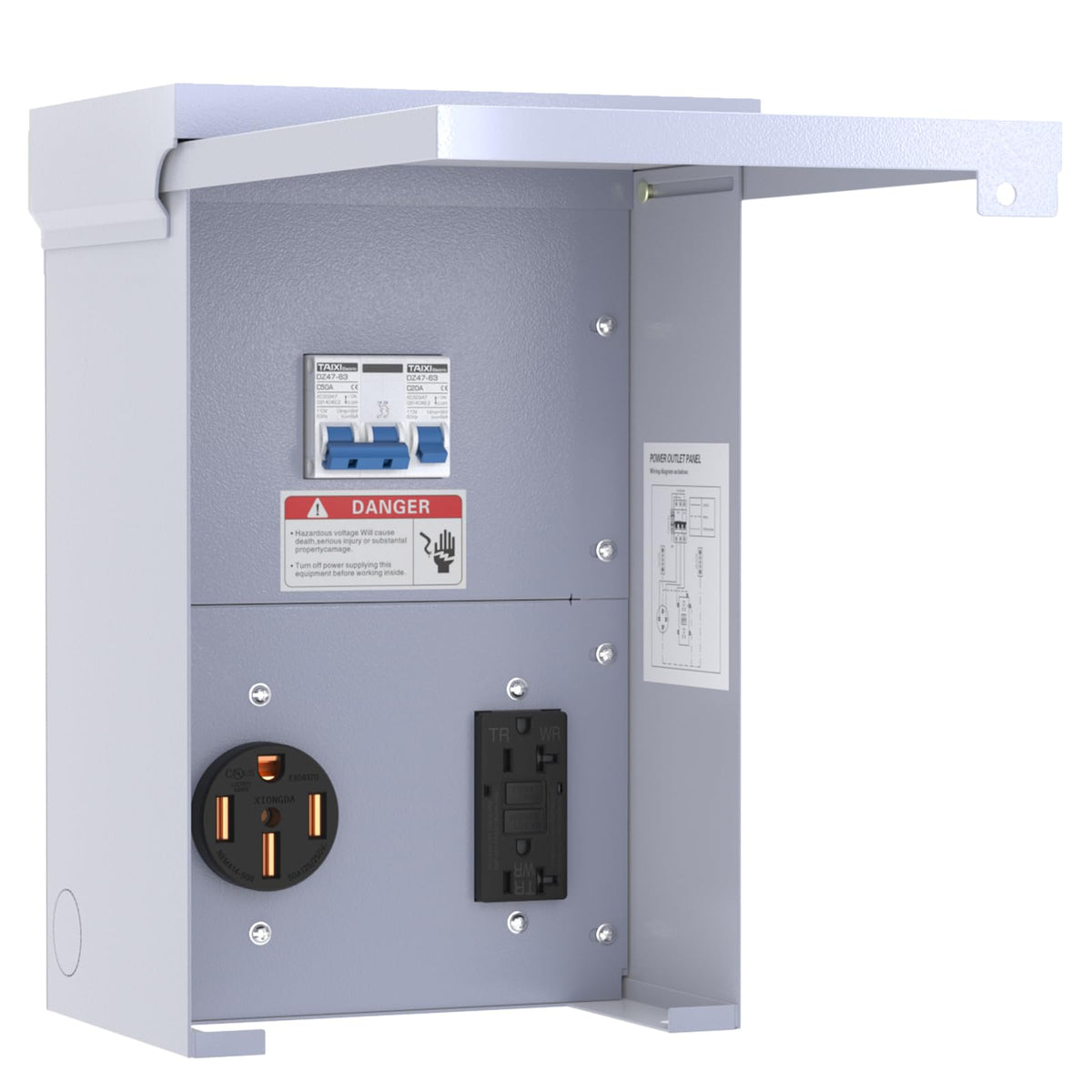 Gravimorph front panel showing 50A and 20A receptacles for safe outdoor power