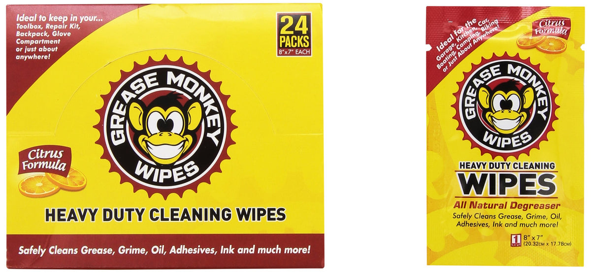 Grease Monkey Wipes front box showing packaging and portability benefit