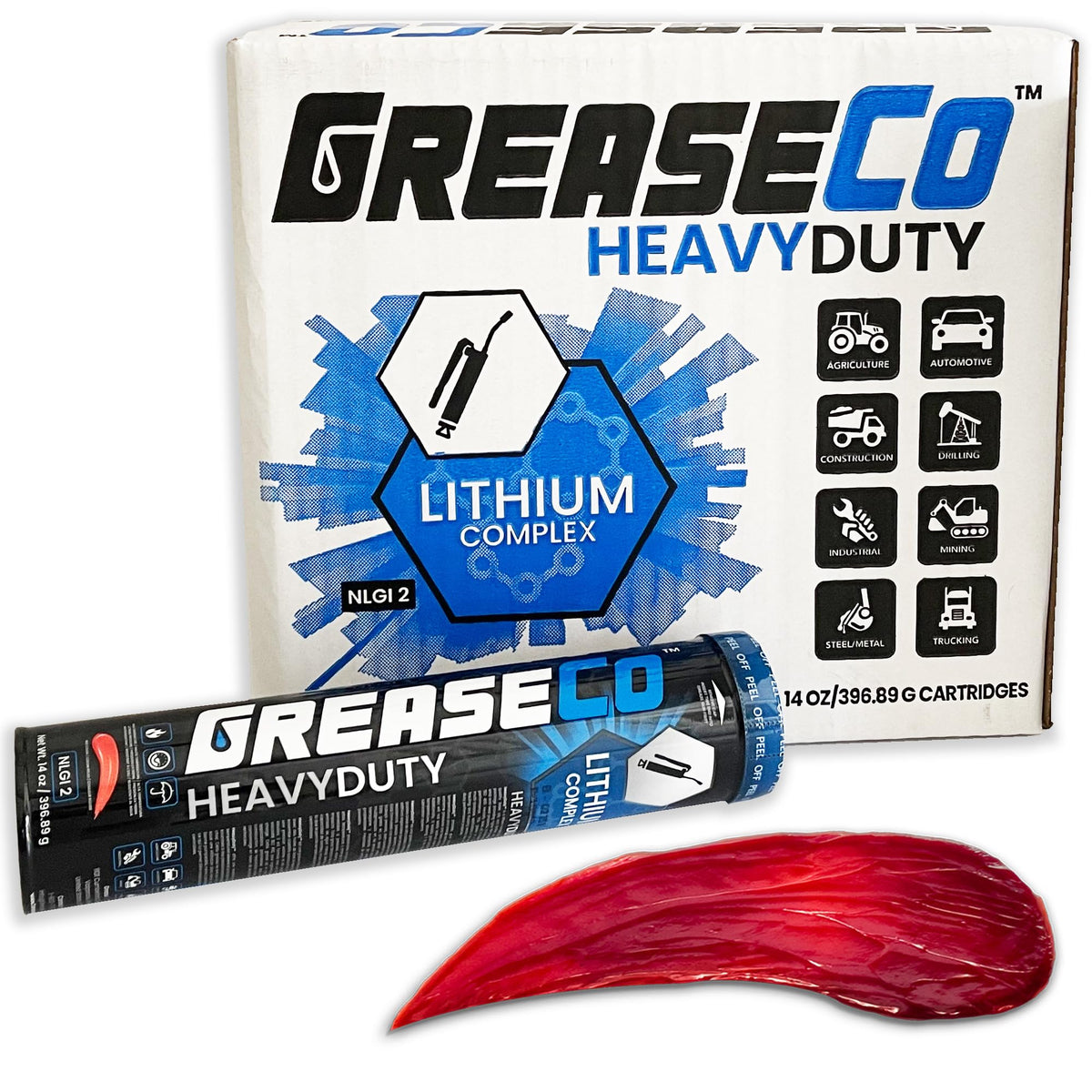 GREASECO cartridge close-up showing nozzle detail and easy dispensing benefit