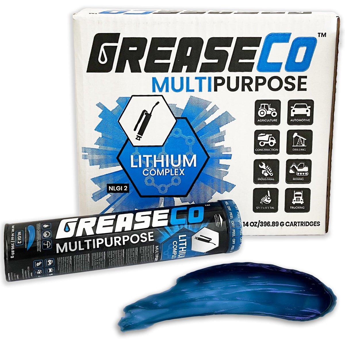 GREASECO cartridge close-up revealing seal and easy-gun fit benefit