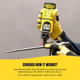 Great Stuff being used to flush a foam gun nozzle to maintain tool performance